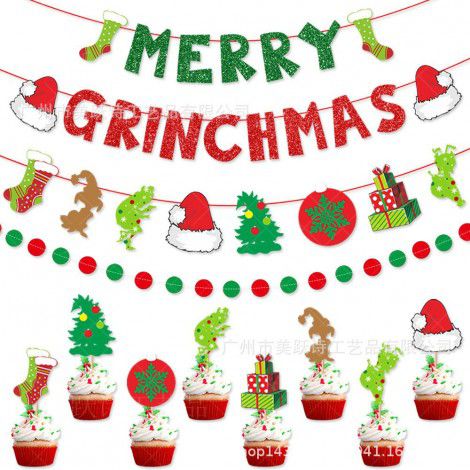 Cross border christmas decorations Christmas tree Greench theme Christmas flag pulling cake decoration card