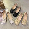 Single shoe lady 2022 summer and autumn new shallow mouth square head bean shoes bow flat bottom fairy style grandma shoes lady scoop shoes 