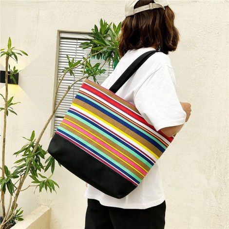 New shoulder bag women Oxford cloth bag simple canvas bag stripe contrast color women's handbag cross border manufacturer wholesale
