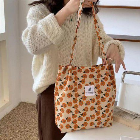 Women's printed handbag leisure Europe and America large capacity corduroy canvas bag women's travel shopping Plush shoulder bag