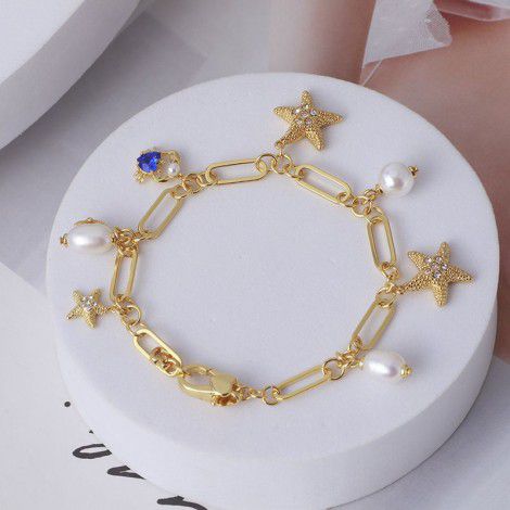 European and American tide brand jewelry wholesale: three-dimensional crab, starfish, inlaid freshwater pearl, multi drop bracelet, a mixed batch